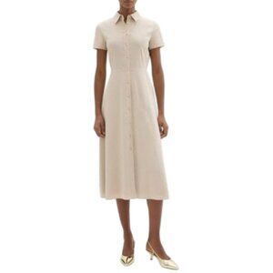 445$ Theory Good Linen Button Front Midi Shirt Dress Short-Sleeves Size 00 Beige